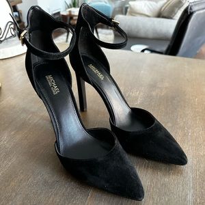 Black suede ankle strap heel